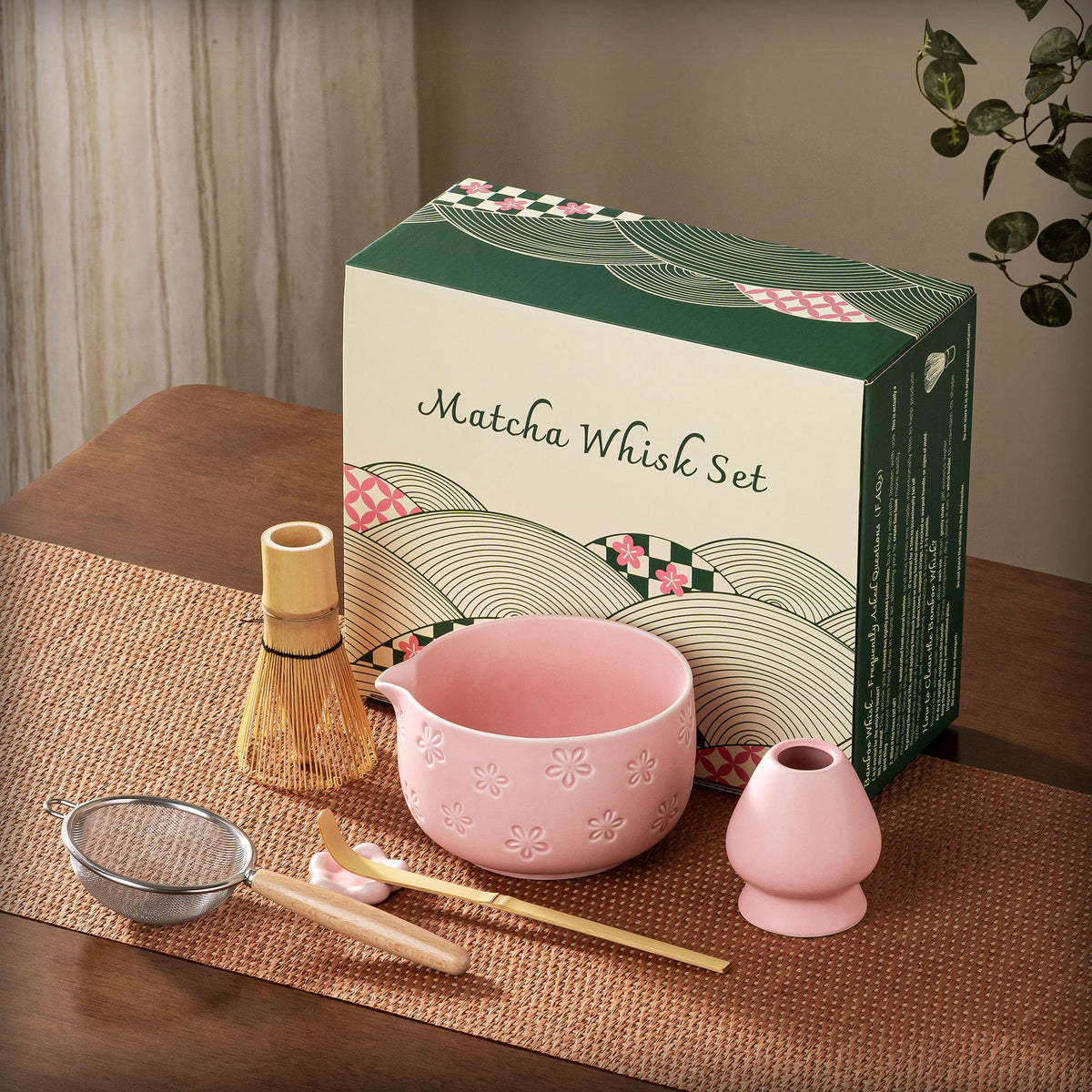 6-Piece Ceramic Matcha Set – Blue Cherry Blossom Bowl, 100-Prong Whisk, Scoop & Sifter