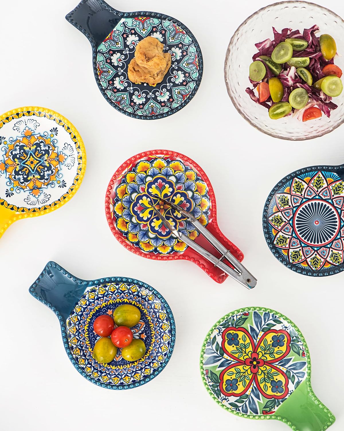 Ceramic Spoon Rest Set of 6 – Assorted Bohemian Patterns, 7.75", Dishwasher Safe