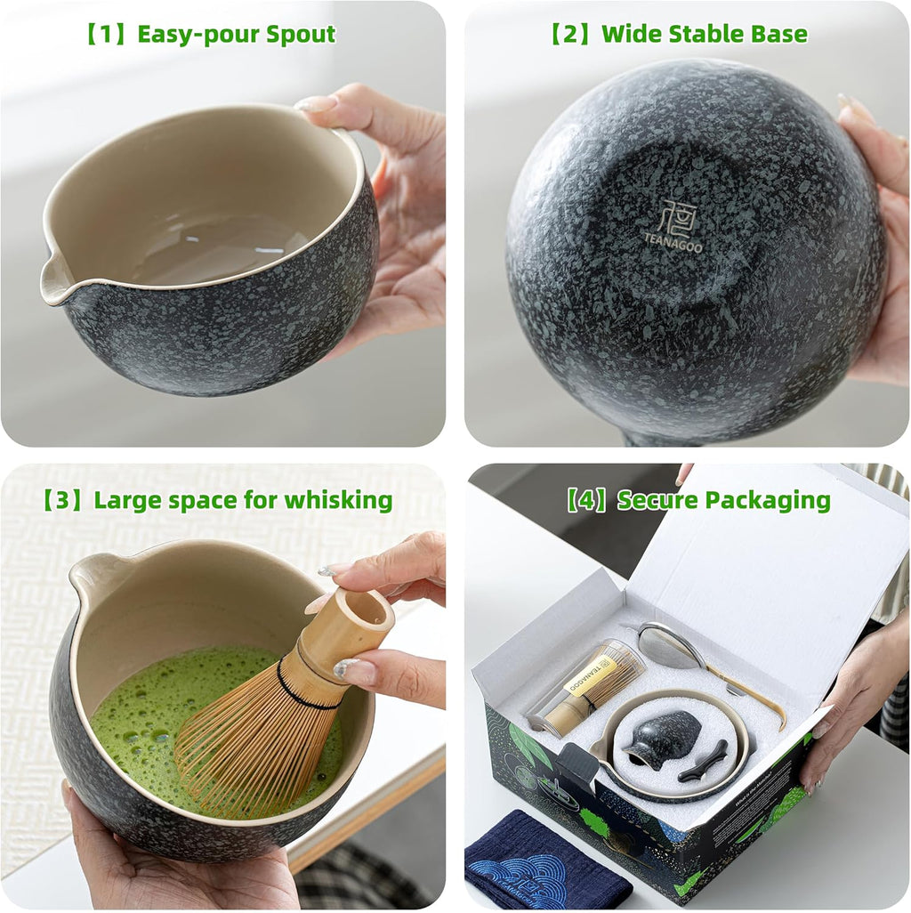 TEANAGOO 7-Piece Black Matcha Set – Ceramic Chawan, Whisk, Holder & Sifter for Ceremony & Latte