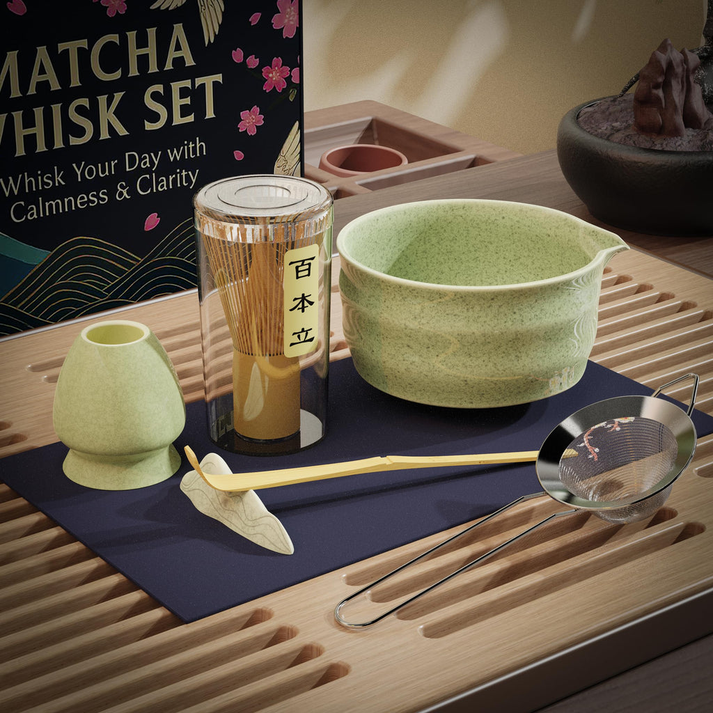 8-Piece Cat Print Matcha Set – Japanese Tea Ceremony Kit with Bamboo Accessories for Home Rituals