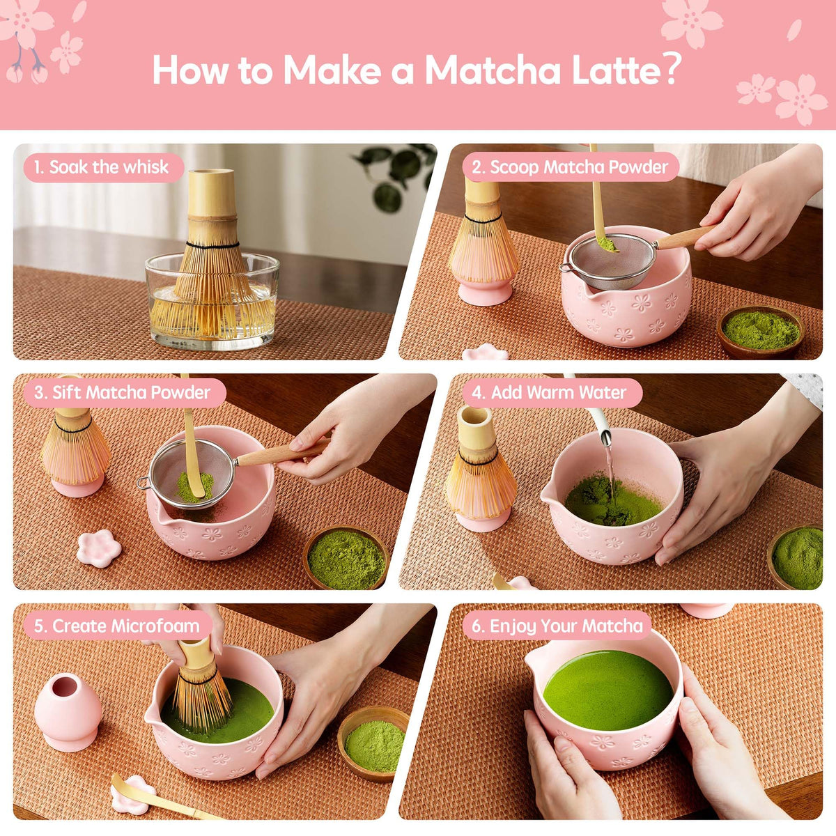 6-Piece Ceramic Matcha Set – Blue Cherry Blossom Bowl, 100-Prong Whisk, Scoop & Sifter