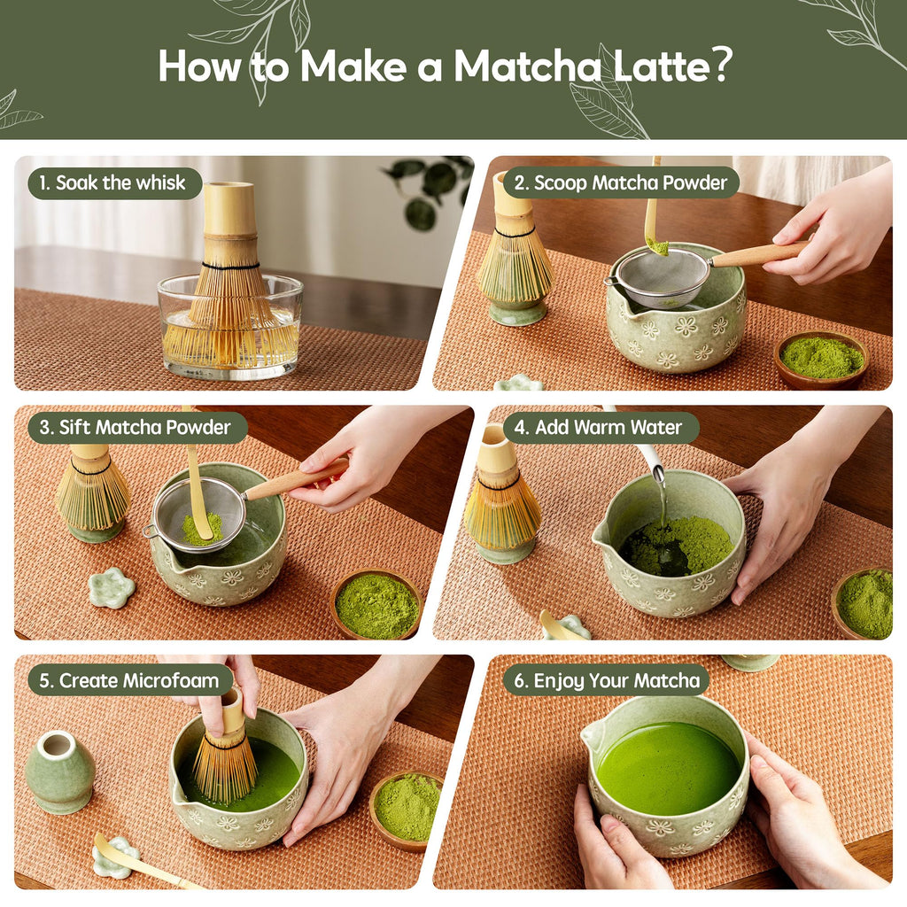 6-Piece Ceramic Matcha Set – Blue Cherry Blossom Bowl, 100-Prong Whisk, Scoop & Sifter