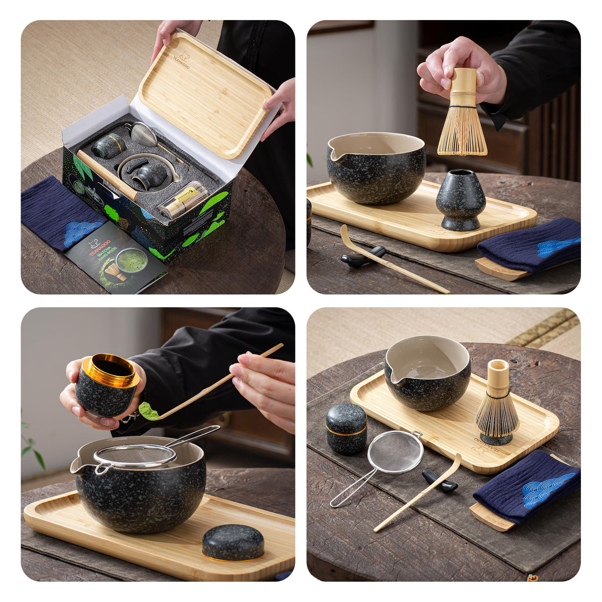 TEANAGOO 7-Piece Black Matcha Set – Ceramic Chawan, Whisk, Holder & Sifter for Ceremony & Latte