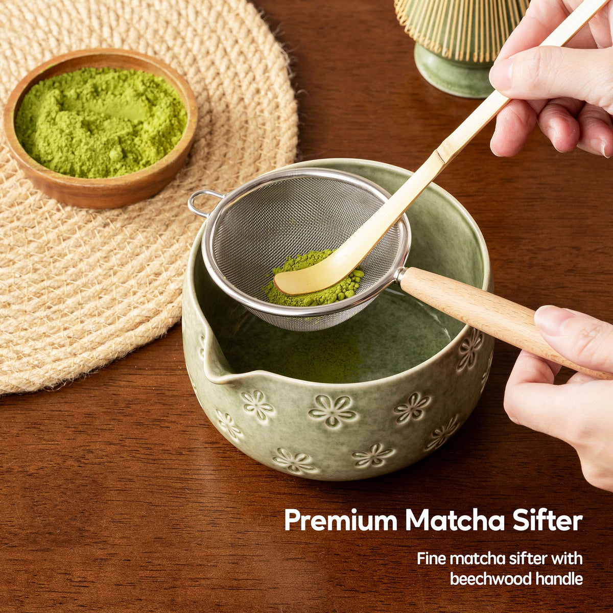 6-Piece Ceramic Matcha Set – Blue Cherry Blossom Bowl, 100-Prong Whisk, Scoop & Sifter