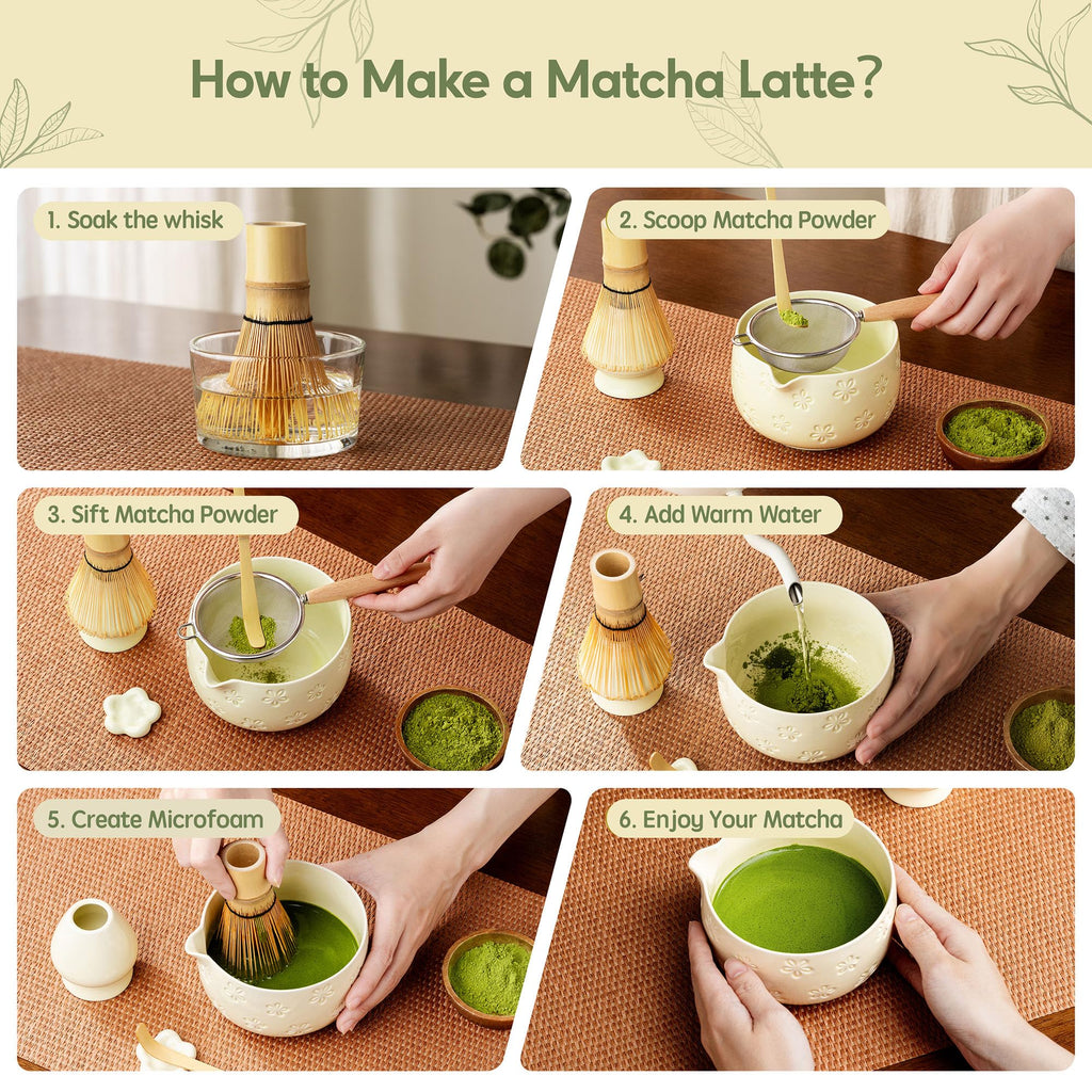 6-Piece Ceramic Matcha Set – Blue Cherry Blossom Bowl, 100-Prong Whisk, Scoop & Sifter