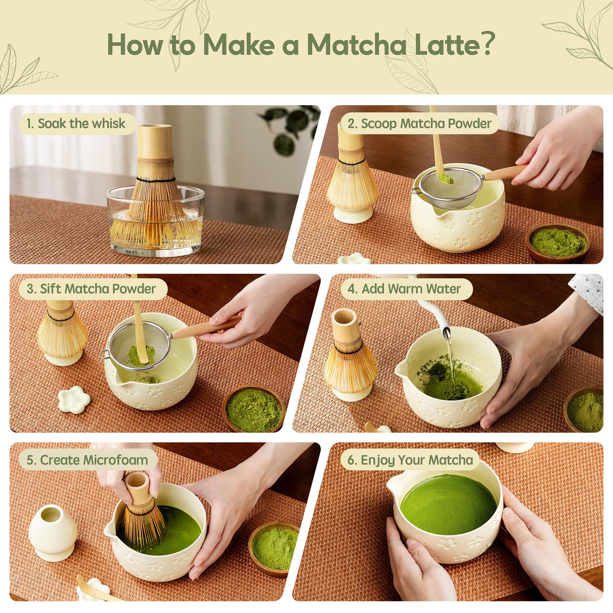 6-Piece Ceramic Matcha Set – Blue Cherry Blossom Bowl, 100-Prong Whisk, Scoop & Sifter