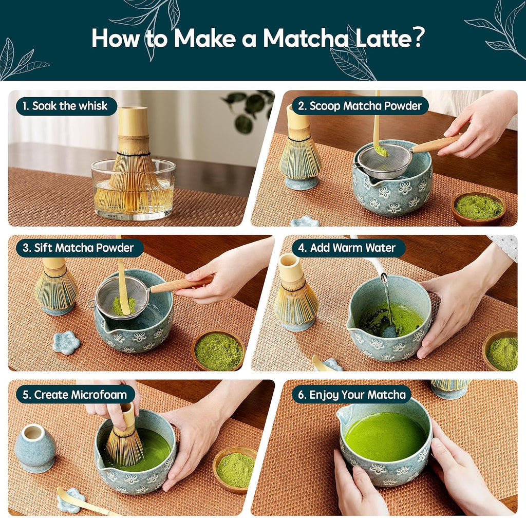 6-Piece Ceramic Matcha Set – Blue Cherry Blossom Bowl, 100-Prong Whisk, Scoop & Sifter